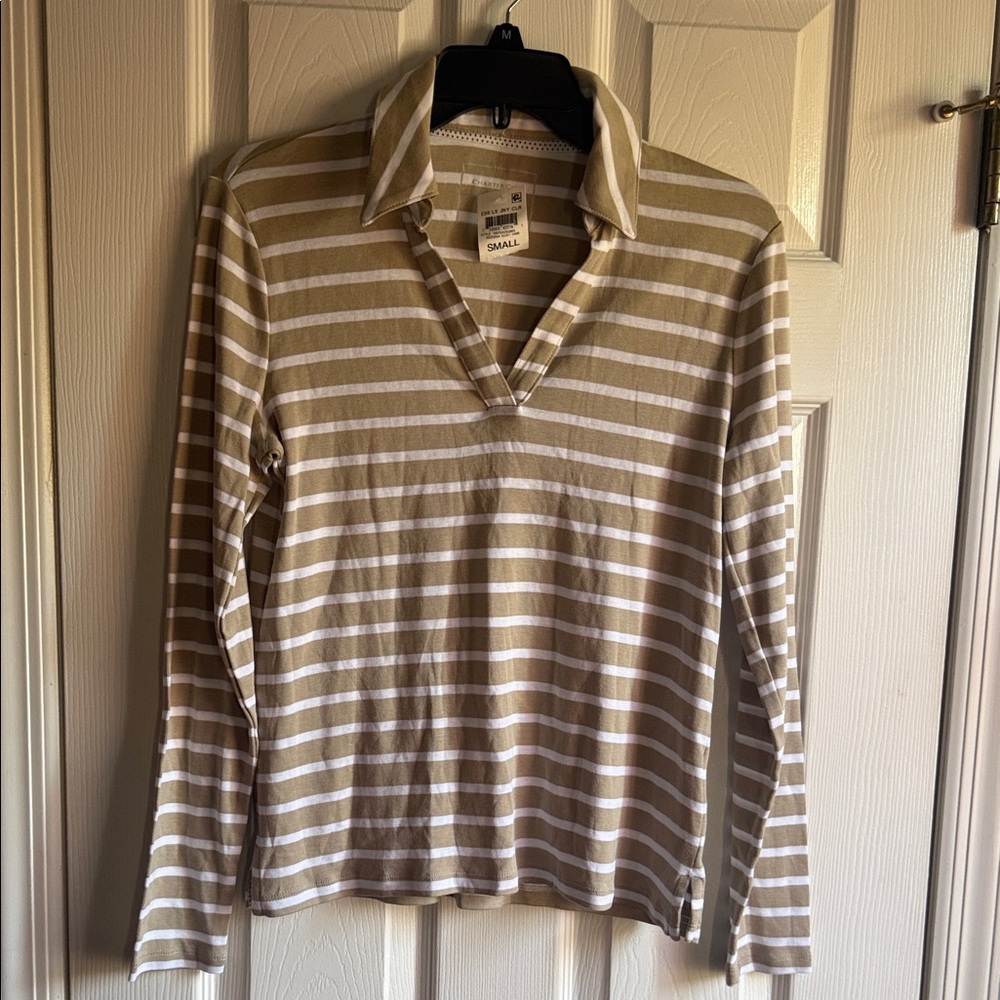 Charter Club Tan & White Striped Long-Sleeve Polo